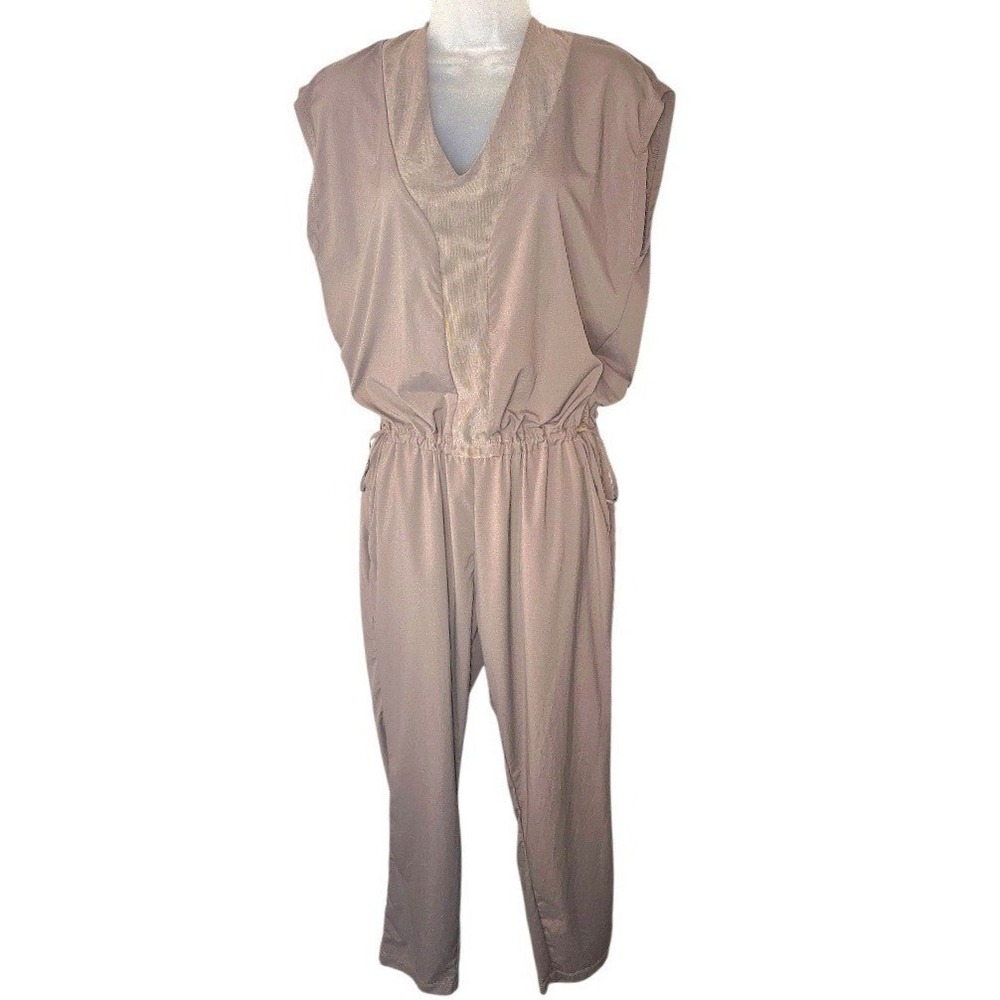 Indygena Esi Long Taupe Jumpsuit V-Neck Drawstring Waist Size M Modern Neutral
